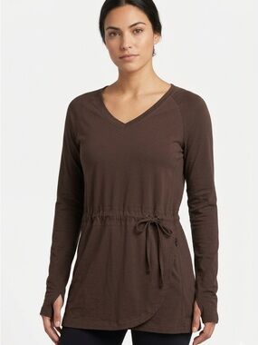 KAVU Brown Long Sleeve Wrap Hem Tunic Top Medium Drawstring Waist Thumbholes